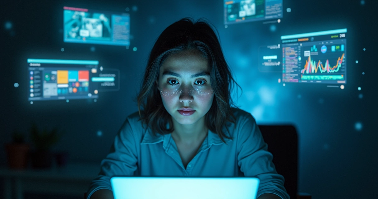 Pessoa olhando para tela com algoritmos moldando sua percepção digital 