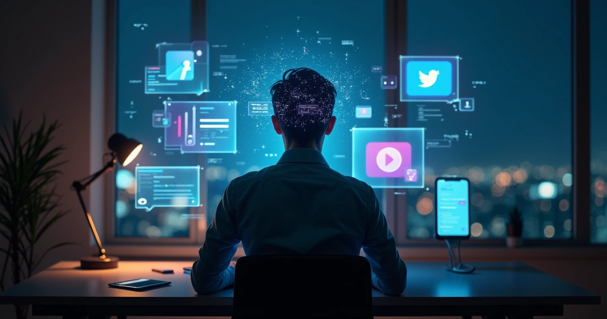 Pessoa em frente a várias telas digitais com silhueta fragmentada entre luz e sombra 