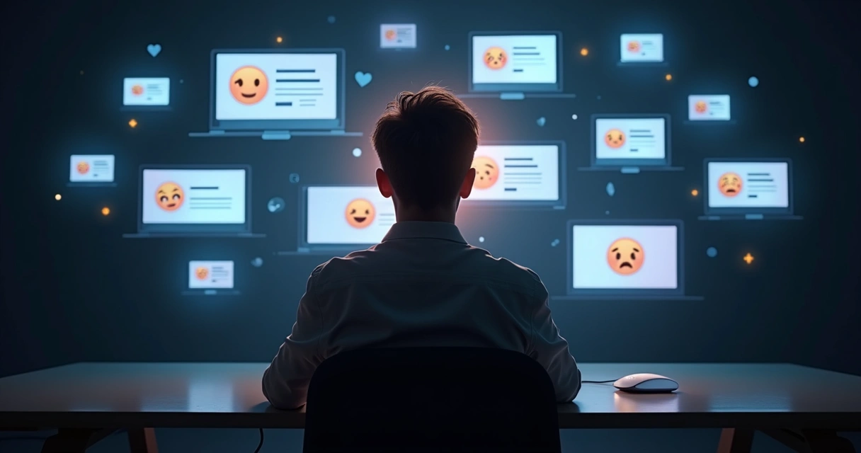 Pessoa observando muitas telas digitais flutuando com ícones de emoção 