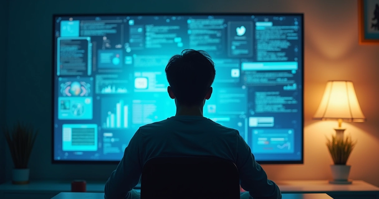 Pessoa em frente a tela digital brilhante com metade do corpo conectada e metade em silêncio meditativo 