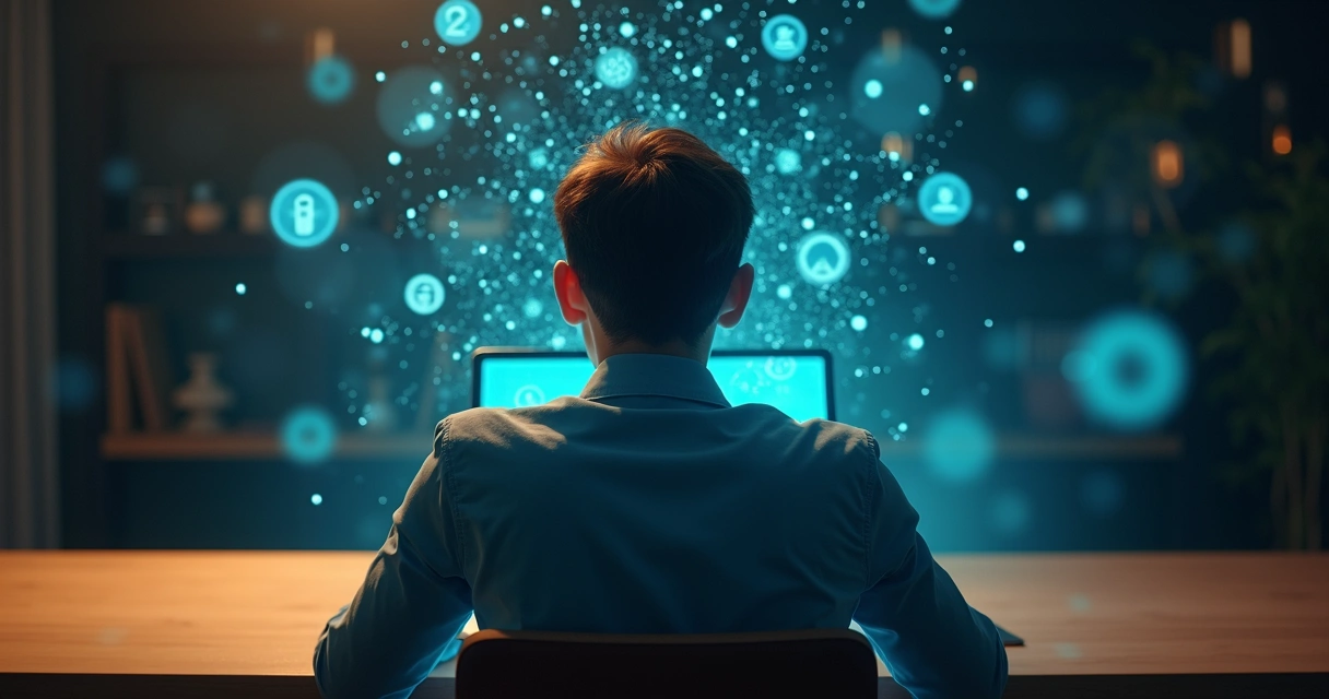 Pessoa usando tablet com luz digital azul ao redor da cabeça 