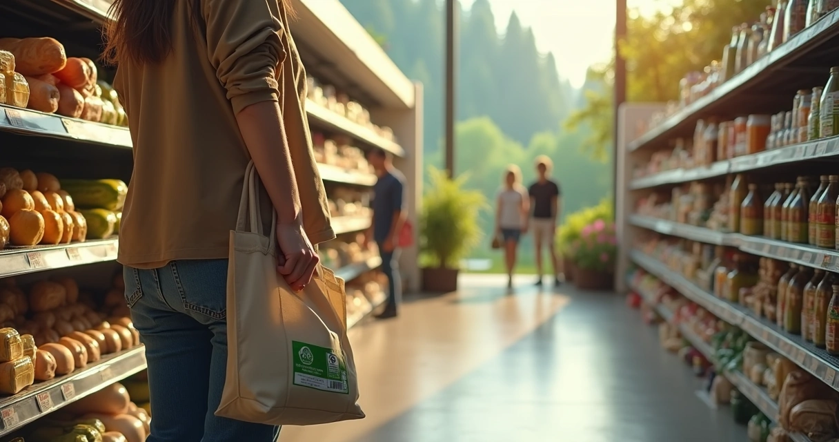 Pessoa escolhendo produtos sustentáveis em mercado com natureza ao fundo 