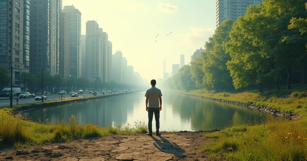 Pessoa em pé entre cidade cinza e floresta verde simbolizando consciência ecológica 