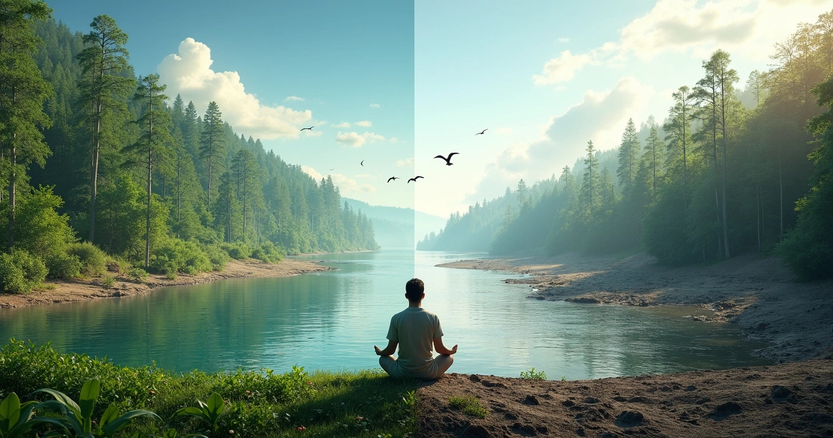 Paisagem dividida mostrando contraste entre natureza preservada e área degradada pela ação humana 