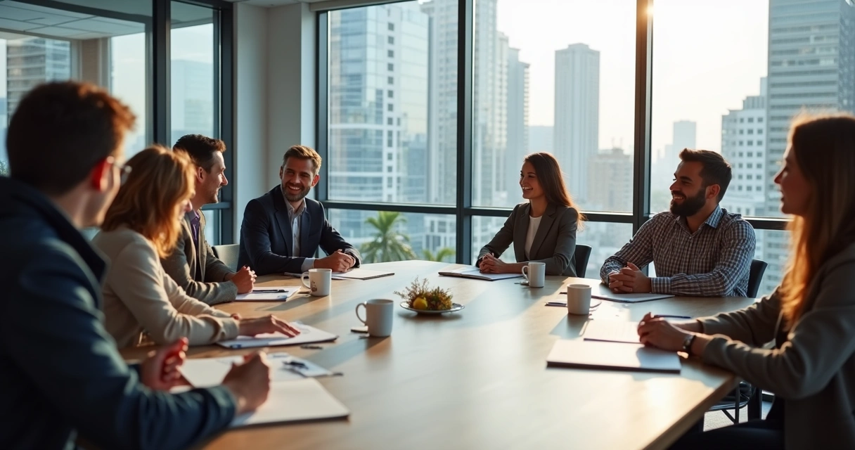 Encontro de pessoas em empresa discutindo e sorrindo 