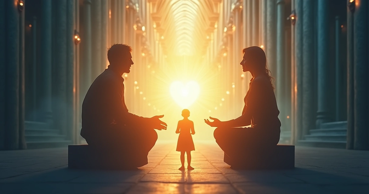 Ilustração conceitual dos três selfs internos como pilares de uma catedral emocional, formando um centro luminoso conectando razão, emoção e guardião 