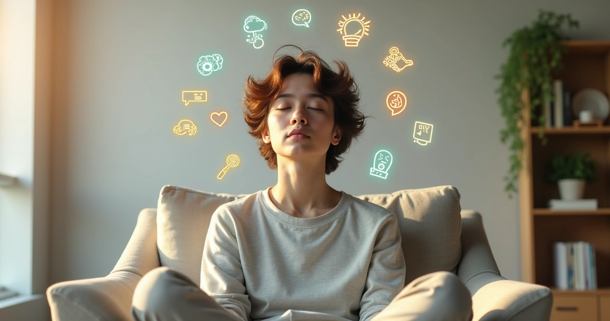 Pessoa meditando com ilustrações de emoções em volta da cabeça 