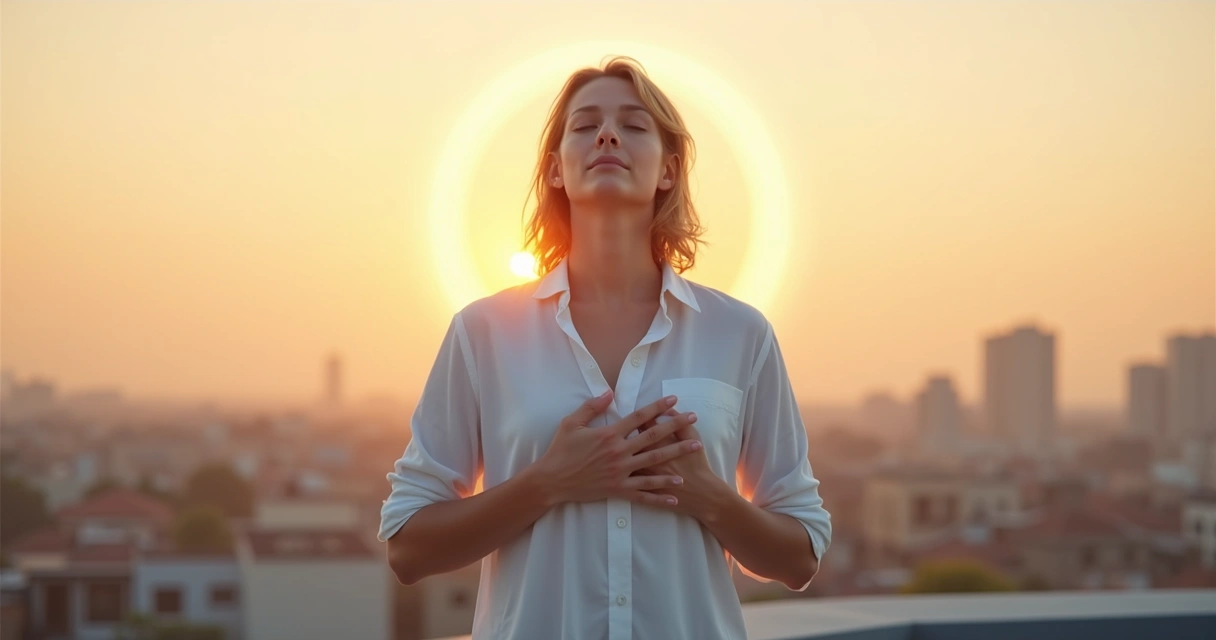 Pessoa meditando em pé com luz suave representando equilíbrio emocional 