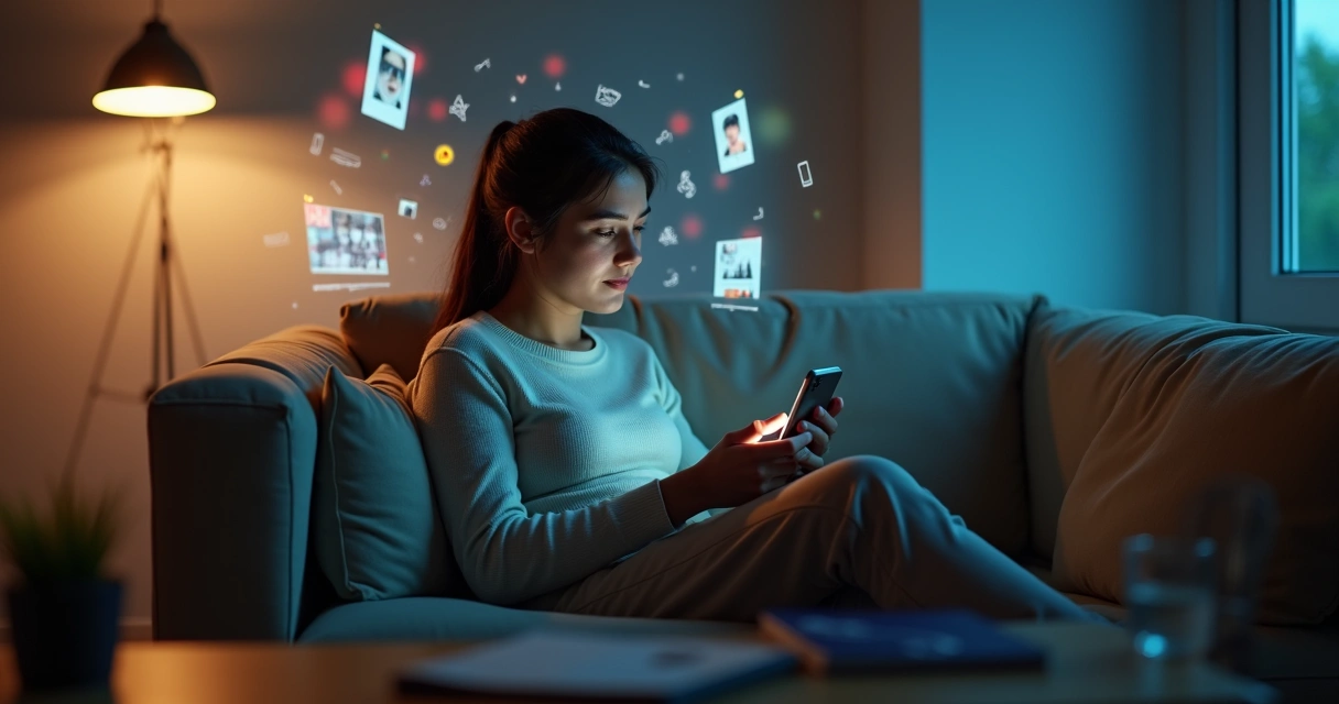 Pessoa olhando para o celular com expressões refletidas em telas ao redor 