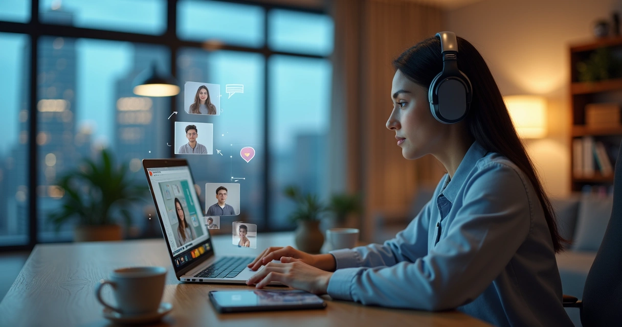Profissional em videoconferência com tela dividida entre escritório e casa 