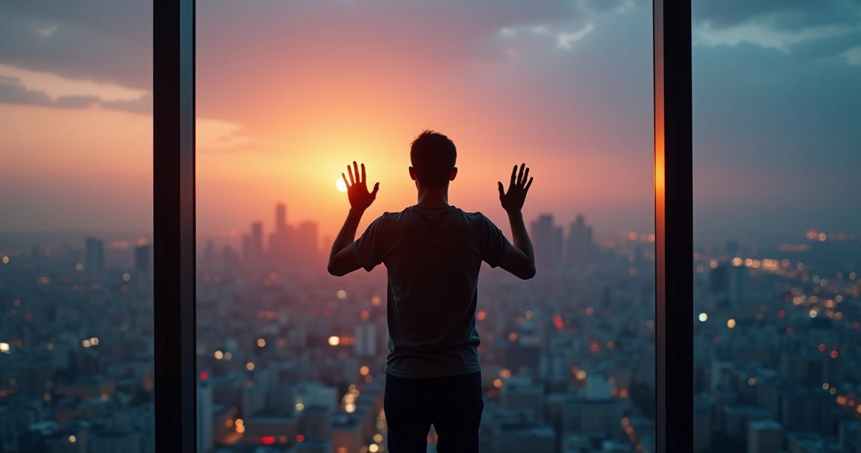 Pessoa em reflexão olhando para paisagem urbana