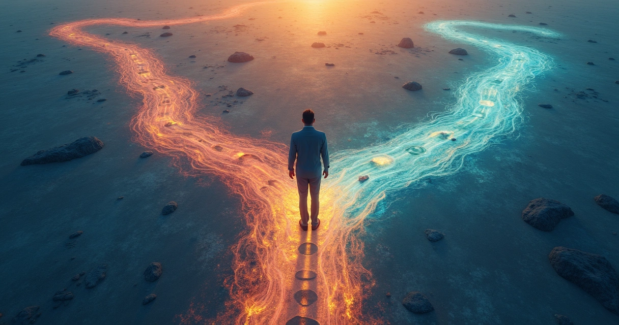 Conceito de fluxo consciente e padrões automáticos ilustrados com caminhos divergentes 