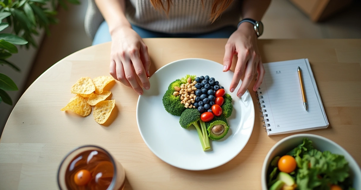Pessoa escolhendo alimentos saudáveis enquanto observa um cérebro desenhado em um prato 