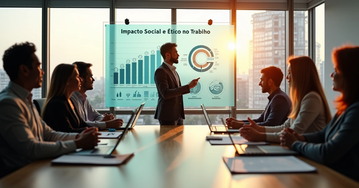 Profissional analisando impacto ético e social do trabalho em ambiente corporativo moderno 