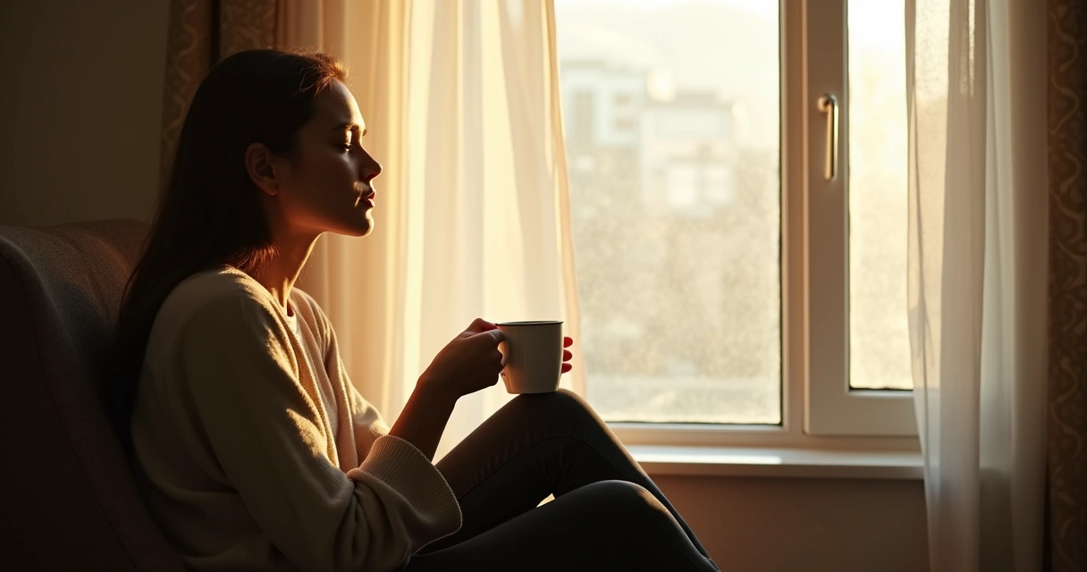 Pessoa refletindo em frente a janela com luz natural