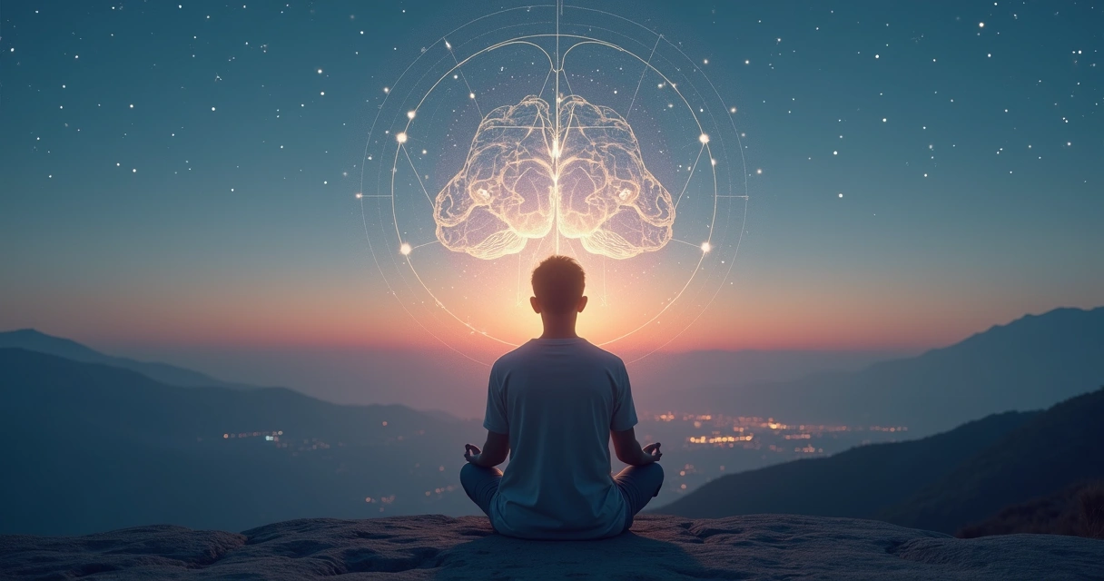 Pessoa em meditação com luzes ao redor simbolizando evolução da consciência 