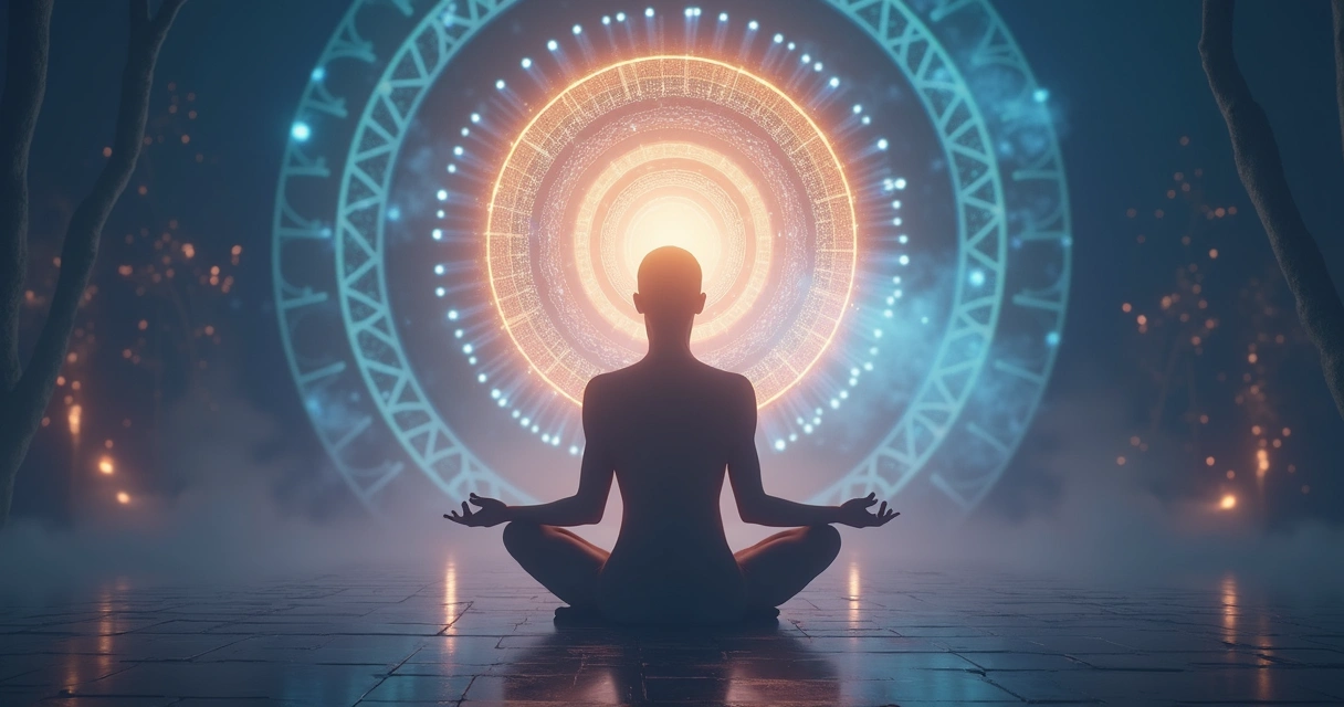 Ilustração de uma figura humana com luzes ao redor da cabeça representando expansão de consciência 