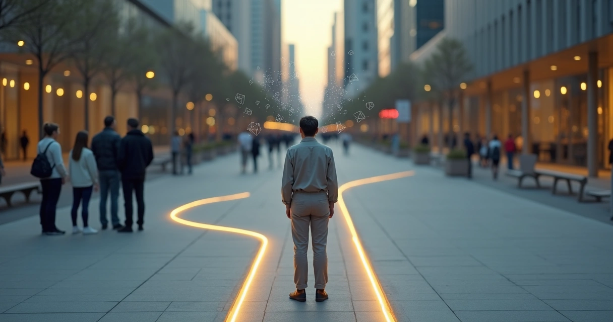 Pessoa em pé separada de grupo por linha luminosa simbolizando exclusão social e consciência 