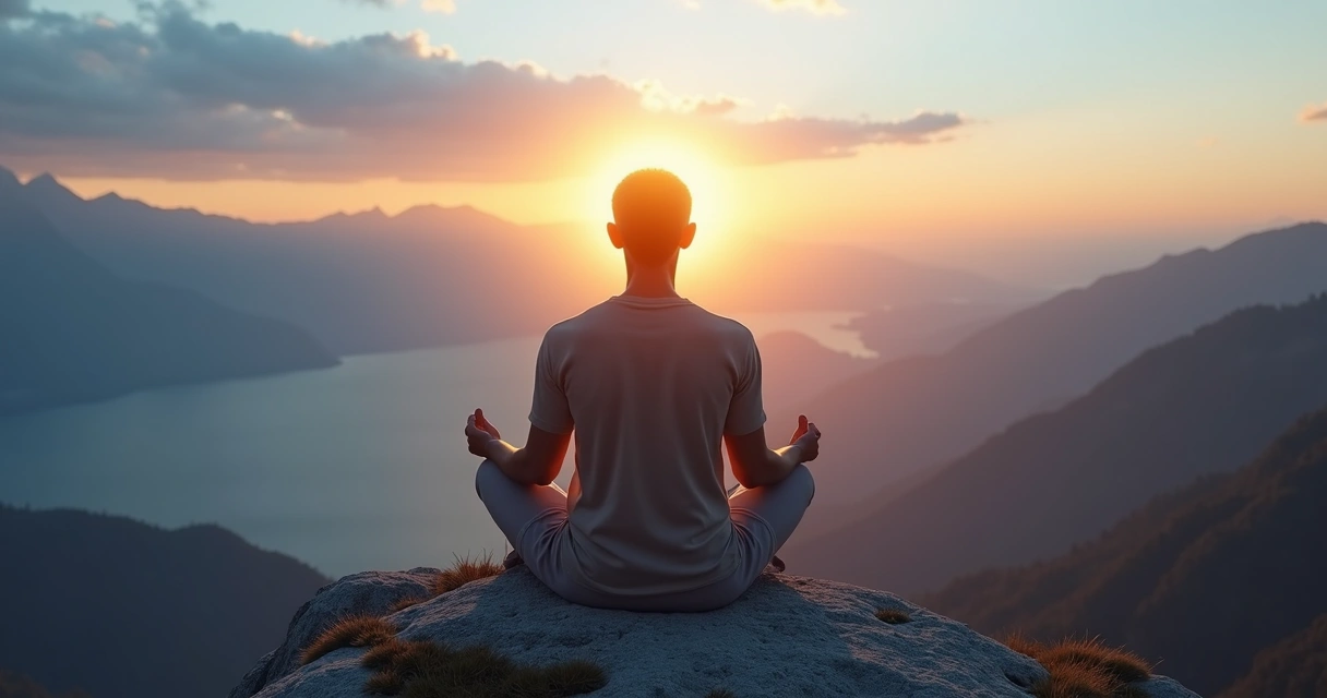 Pessoa meditando no topo de uma montanha com luz em volta da cabeça 