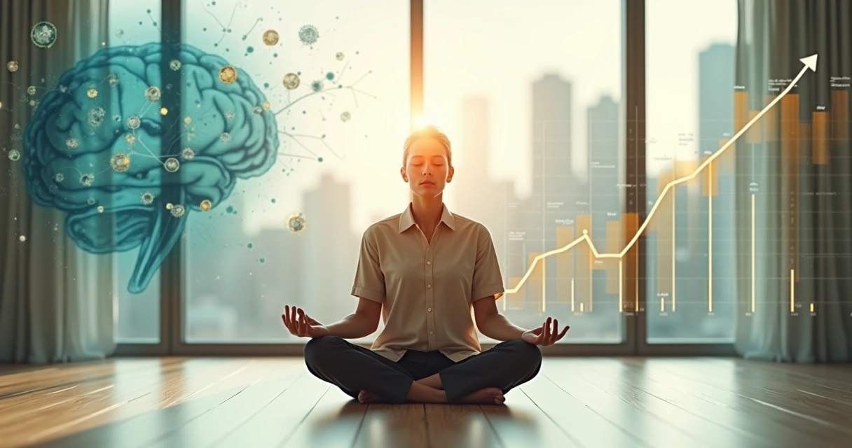 Pessoa meditando em frente a símbolos de dinheiro e gráficos financeiros 