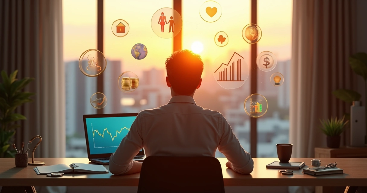 Pessoa refletindo sobre escolhas financeiras com gráficos e notas de dinheiro ao redor 