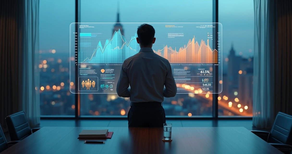 Executivo observando painel financeiro com gráficos e símbolos humanos equilibrados 