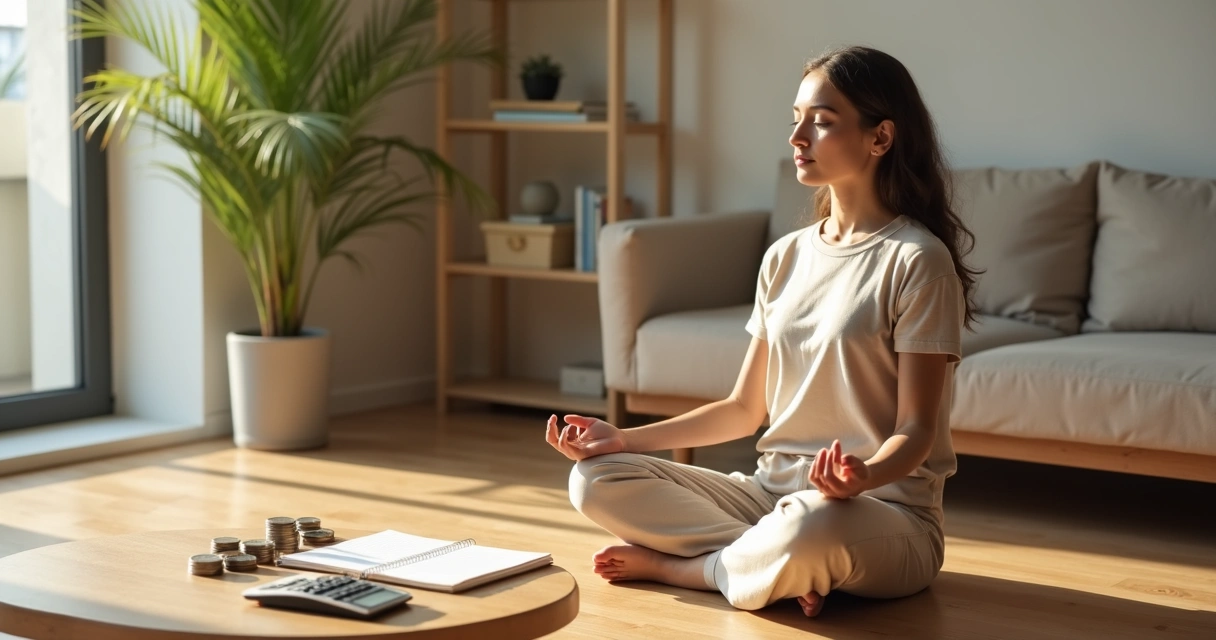 Pessoa meditando com caderno de finanças e moedas ao redor 