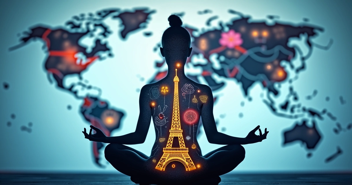 Ilustração de dentro da mente de uma pessoa com mapas, elementos culturais de diferentes países e conexões brilhantes