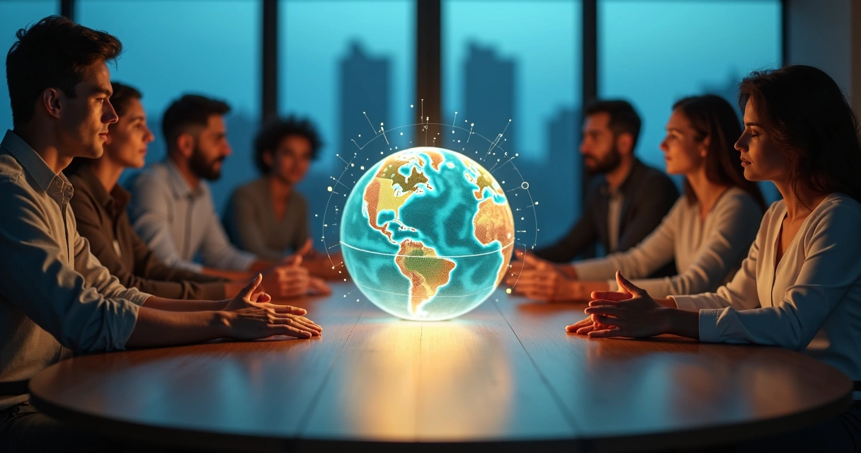 Grupo diverso segurando globo luminoso ao centro de mesa redonda 