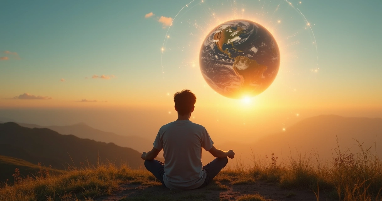 Pessoa meditando de frente para o planeta Terra com conexões luminosas ao redor 