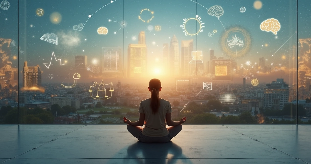 Pessoa em meditação diante de mural com linha do tempo histórica e cidade ao fundo 