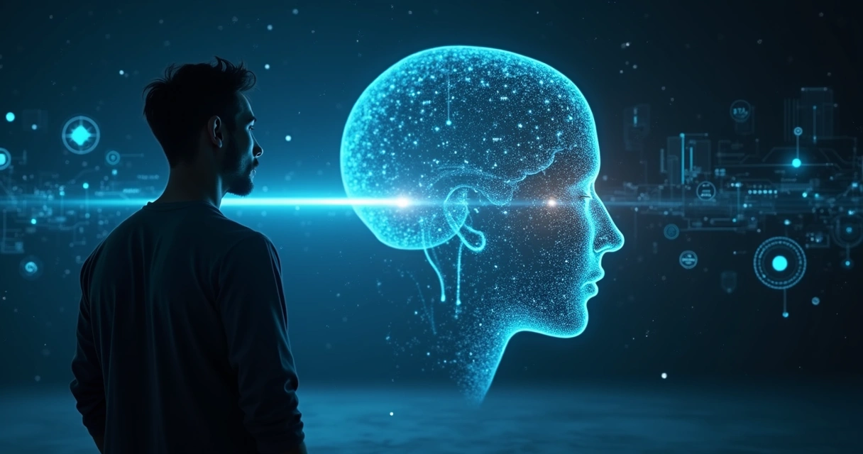 Pessoa observando um rosto digital de inteligência artificial em ambiente escuro e tecnológico 