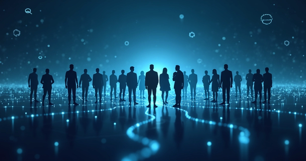 Representação de pessoas conectadas por linhas luminosas sobre fundo escuro
