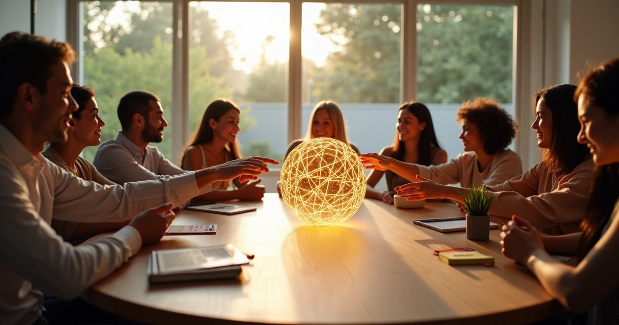 Grupo diverso em círculo unindo tecnologia e natureza em gesto de colaboração consciente 