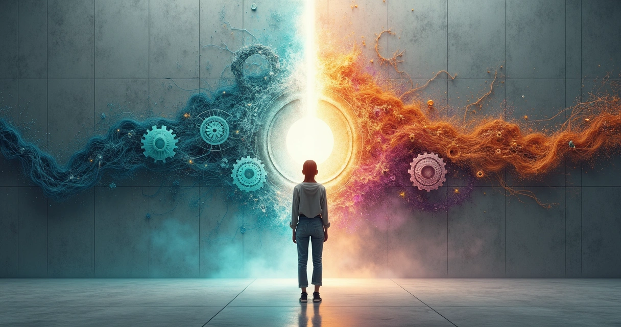 Pessoa em frente a parede dividida entre engrenagens cinzas e formas coloridas abstratas 