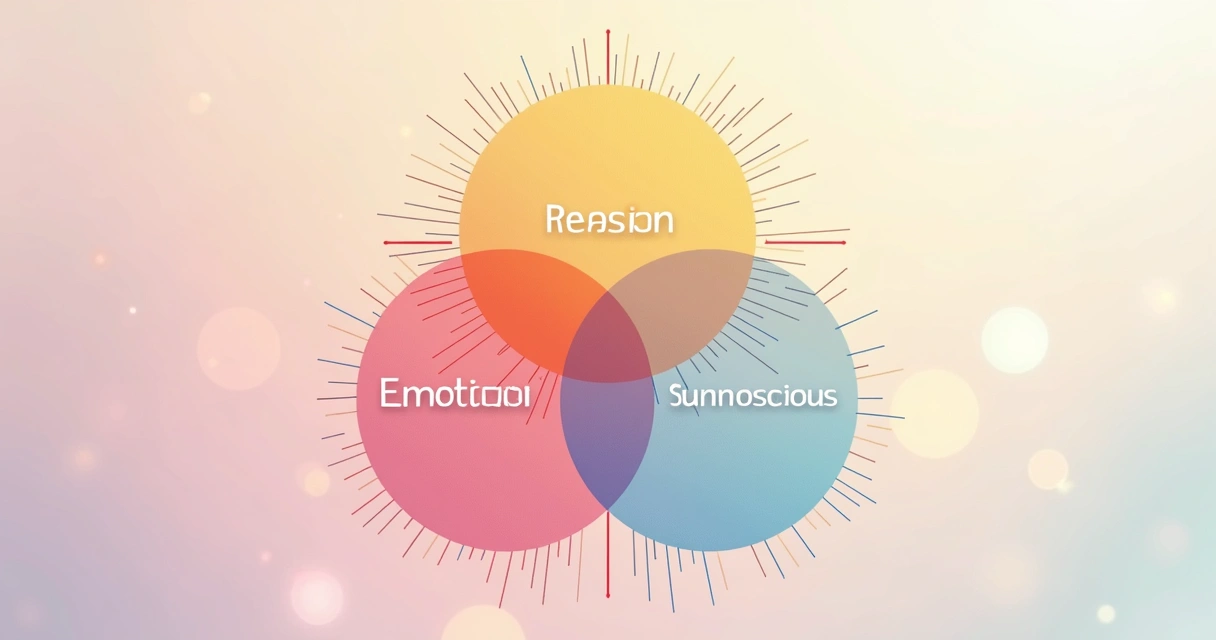 Diagrama com três círculos (razão, emoção, subconsciente) se sobrepondo no centro de fundo claro com luzes suaves e linhas energéticas coloridas interligando as áreas 
