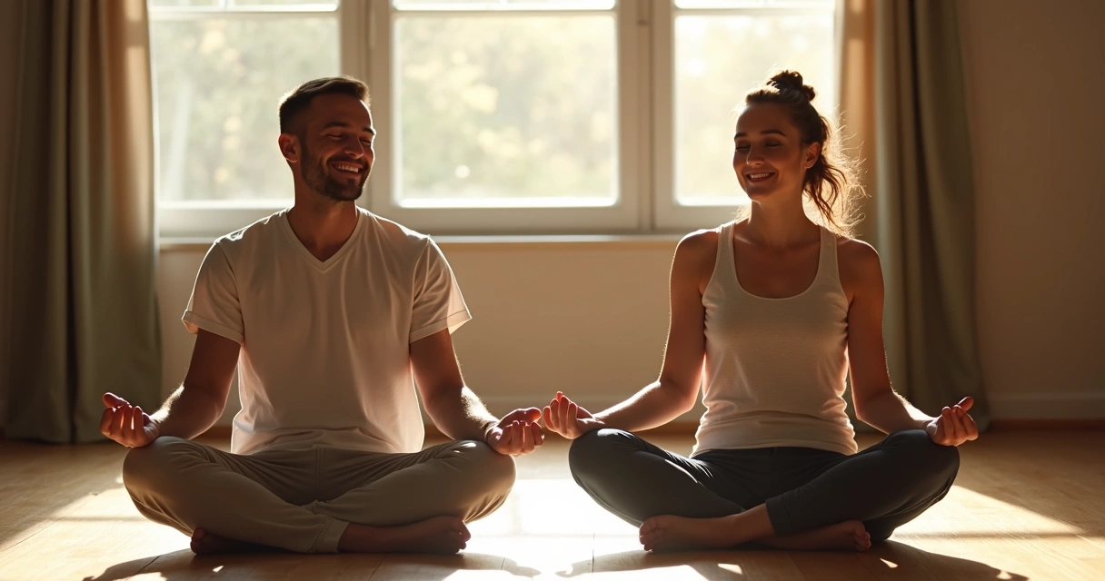 Homem e mulher sentados de pernas cruzadas, olhos fechados, relaxados 