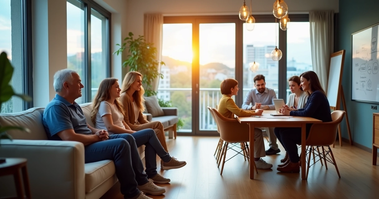Reunião entre família e equipe de trabalho conectadas por elementos de luz representando consciência integrada 