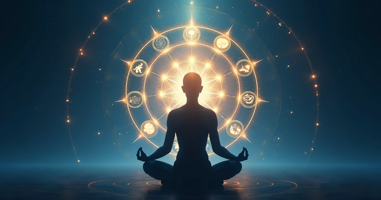 Silhueta humana em meditação cercada por círculos de luz representando unidade mente corpo e espirito 