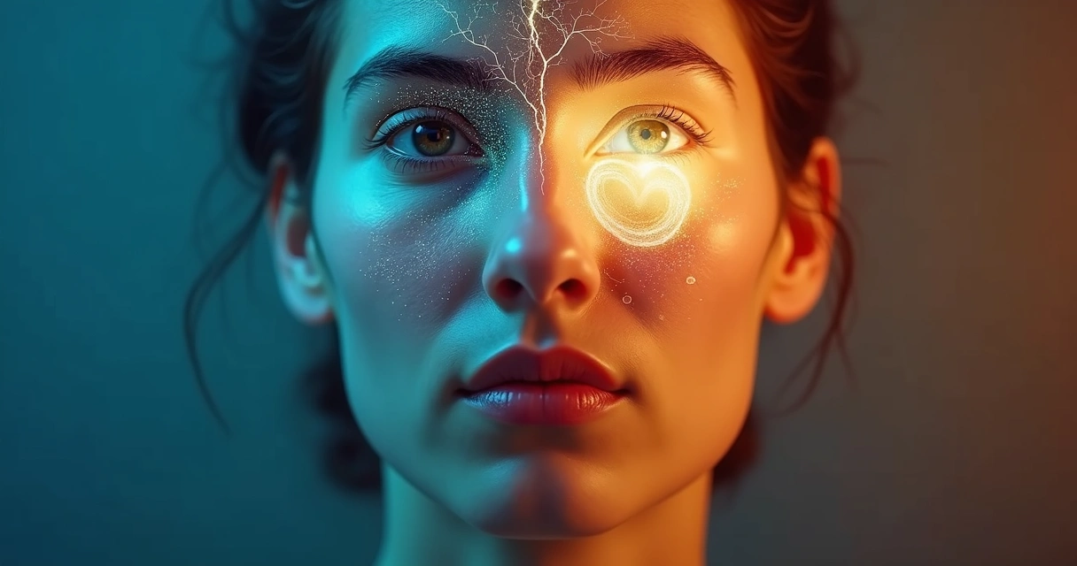 Metade de um rosto com conexão entre cérebro e coração 