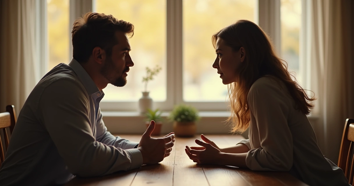 Duas pessoas sentadas uma de frente para a outra, cada uma com gestos conscientes e atentos durante a conversa. 