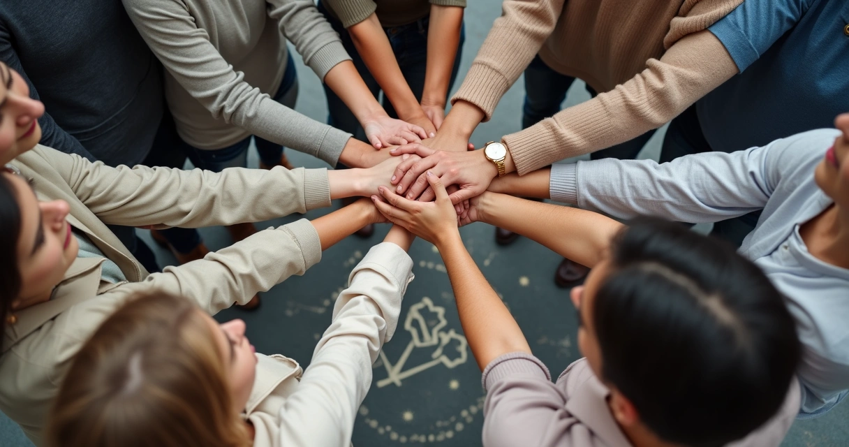 Grupo de pessoas de mãos dadas representando união e justiça social 