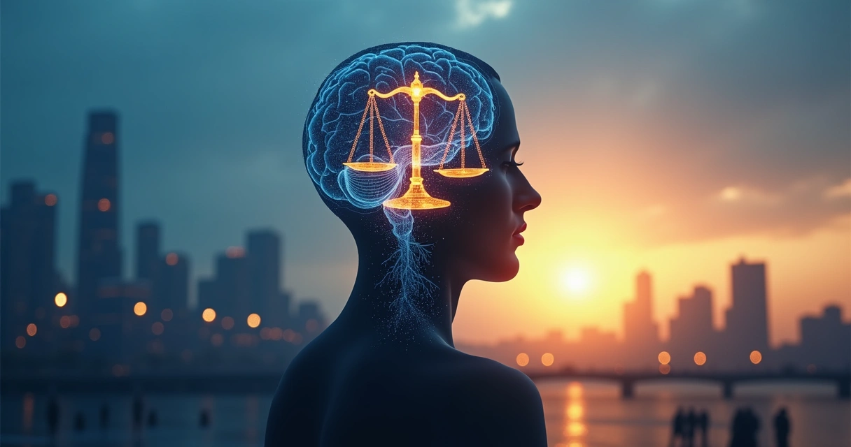 Silhueta humana com balança de justiça integrada ao cérebro em ambiente urbano 
