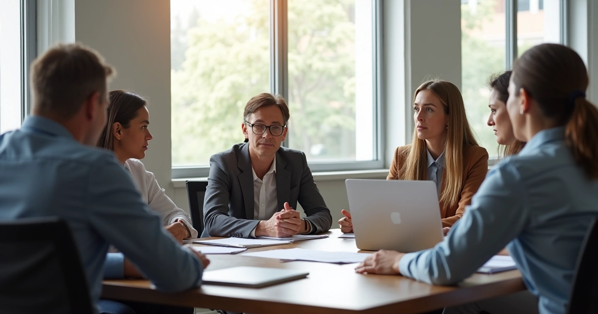 Directivo rodeado de colaboradores en conversación consciente