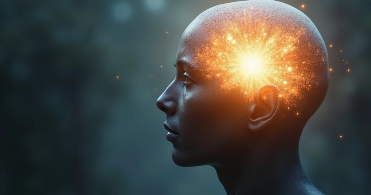 Foco de luz brilhando dentro de uma cabeça humana representando consciência 