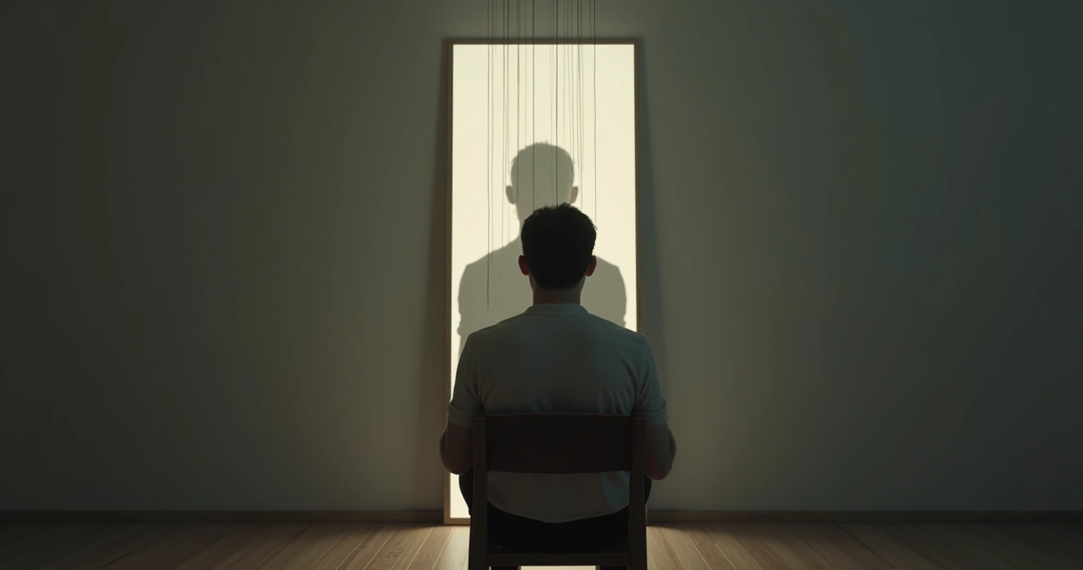 Pessoa diante de espelho com silhueta manipuladora projetada como sombra 