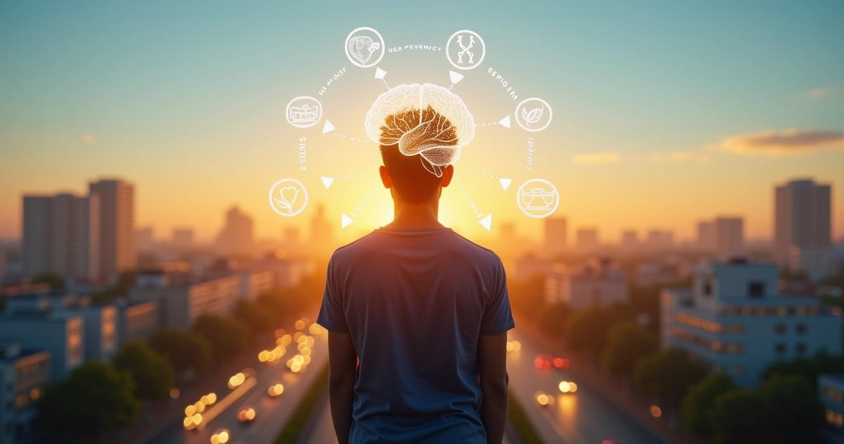 Pessoa refletindo em ambiente urbano com símbolos de mente e conexão 