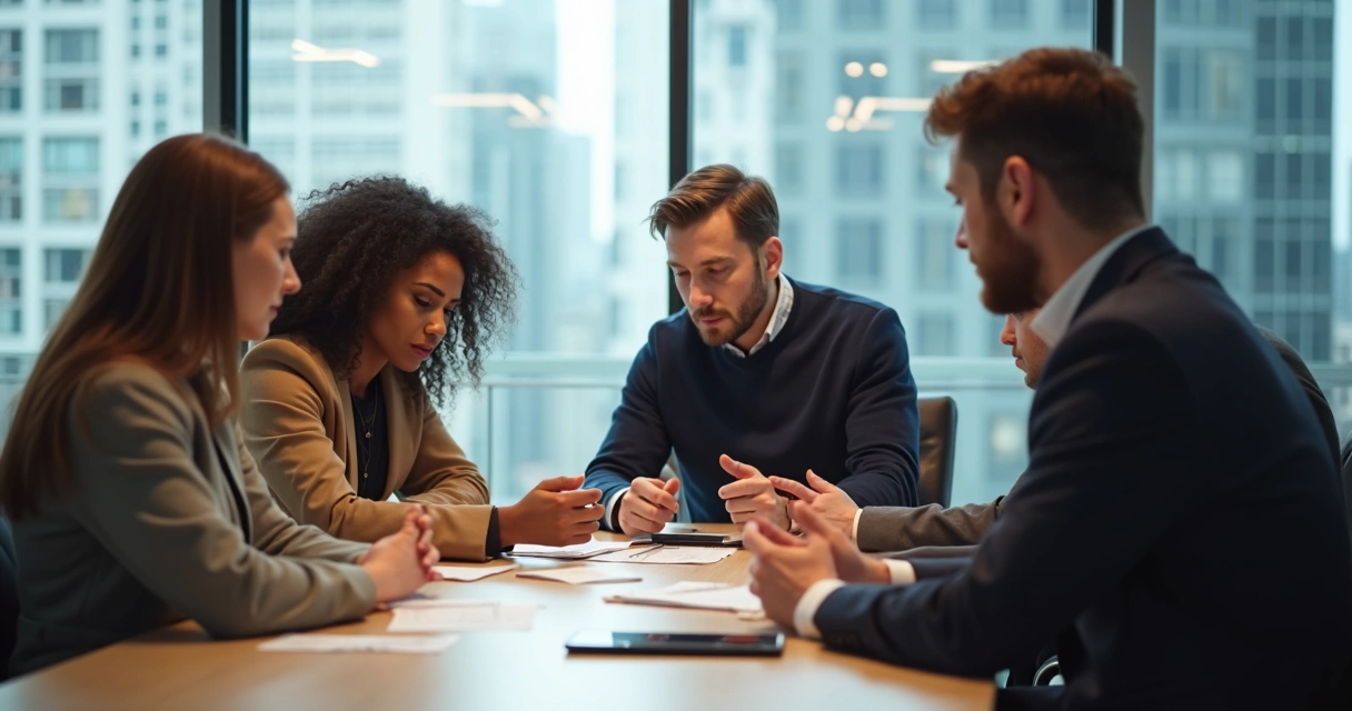 Equipe de trabalho sentada ao redor de uma mesa em ambiente corporativo luminoso, colaborando juntos, papéis e tecnologia sobre a mesa 