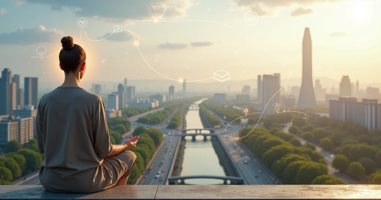 Pessoa em meditação conectada a uma cidade ao fundo representando espiritualidade prática 