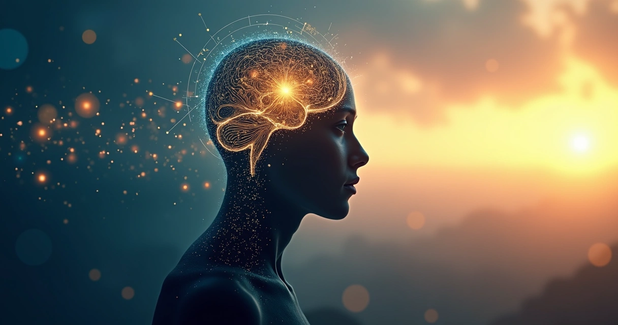 Silhueta humana com cérebro iluminado integrado a formas geométricas e linhas de energia 